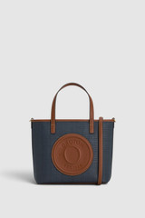 Front product shot of the Oroton Polly Straw Small Tote in Dark Navy/Cognac and Woven straw material for Women .