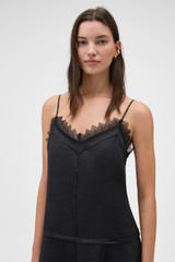 Profile view of model wearing the Oroton Lace Trim Sundress in Black and 100% ramie fabric for Women .