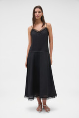 Profile view of model wearing the Oroton Lace Trim Sundress in Black and 100% ramie fabric for Women .