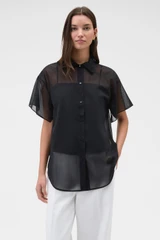 Profile view of model wearing the Oroton Scarf Detail Top in Black and 100% cotton voile fabric for Women .