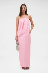 Profile view of model wearing the Oroton Tuck Detail Gown in Pink Rose and 85% polyester and 15% silk Mikado fabric for Women .