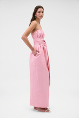 Profile view of model wearing the Oroton Tuck Detail Gown in Pink Rose and 85% polyester and 15% silk Mikado fabric for Women .