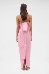 Profile view of model wearing the Oroton Tuck Detail Gown in Pink Rose and 85% polyester and 15% silk Mikado fabric for Women .