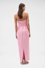 Profile view of model wearing the Oroton Tuck Detail Gown in Pink Rose and 85% polyester and 15% silk Mikado fabric for Women .