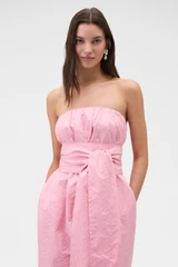 Profile view of model wearing the Oroton Tuck Detail Gown in Pink Rose and 85% polyester and 15% silk Mikado fabric for Women .
