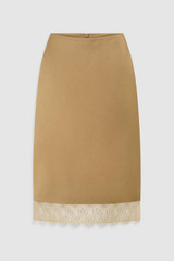 Front product shot of the Oroton Lace Trim Skirt in Butterscotch and Viscose, rayon and linen blend satin fabric (56% viscose, 22% rayon, 22% linen) with a soft, fluid drape for Women .