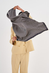 Profile view of model wearing the Oroton All Over Logo Silk Scarf in Black and 100% Silk for Women .