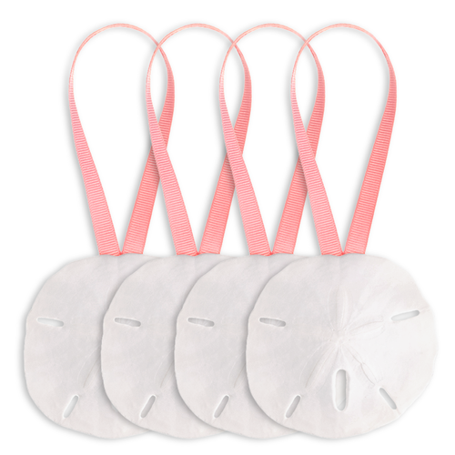 Sand Dollar Ornaments 4 Natural Sand Dollars 3" with Coral Pink Colored Ribbon Real Sand Dollars for Tree or Beach Wedding