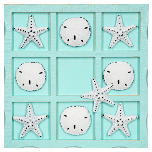 Beach Tic Tac Toe Game 9" X 9" Seafoam Blue Tic Tac Toe Board White Resin Starfish & Sand Dollars Real Wooden Nautical Tic Tac Toe Board Game