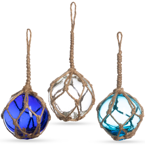 Japanese Glass Fishing Floats Ball - 3 Aqua Cobalt and White 2" With Rope Float for Decor