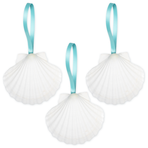 Shell Ornaments 3 White Seashell Hanging Irish Deep Shells w/Turquoise Ribbon Christmas Ornaments for Tree 