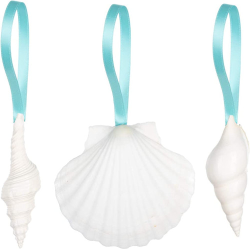 White Seashell Hanging Shells mix w/Turquoise Ribbon view 1