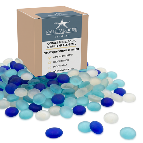 Flat Marbles Vase Filler - 0.68 Lb (70 pcs) Aqua White & Cobalt Glass Pebbles Vases - Clear Glass Stones for Vases - Flat Glass Marble for craft and Home décor - Aquarium Glass Marble filler
