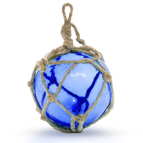 "Glass Fishing Floats | Cobalt Blue Japanese Glass Floats 5"" | Nautical Rope Ball | Set of 1 | Nautical Themed Wall Decor | Beach House Decor | Glass Buoys for Decoration & Ocean Room Decor"