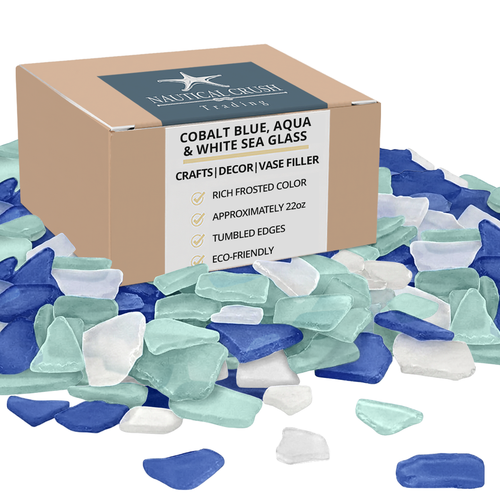 Nautical Crush Trading Sea Glass Craft - 22 Ounces Cobalt Blue White & Aqua - Beach Glass Craft - Sea Glass Décor - Sea Glass Vase Filler - Sea Glass Crafting - Bag of Sea Glass - Craft Glass