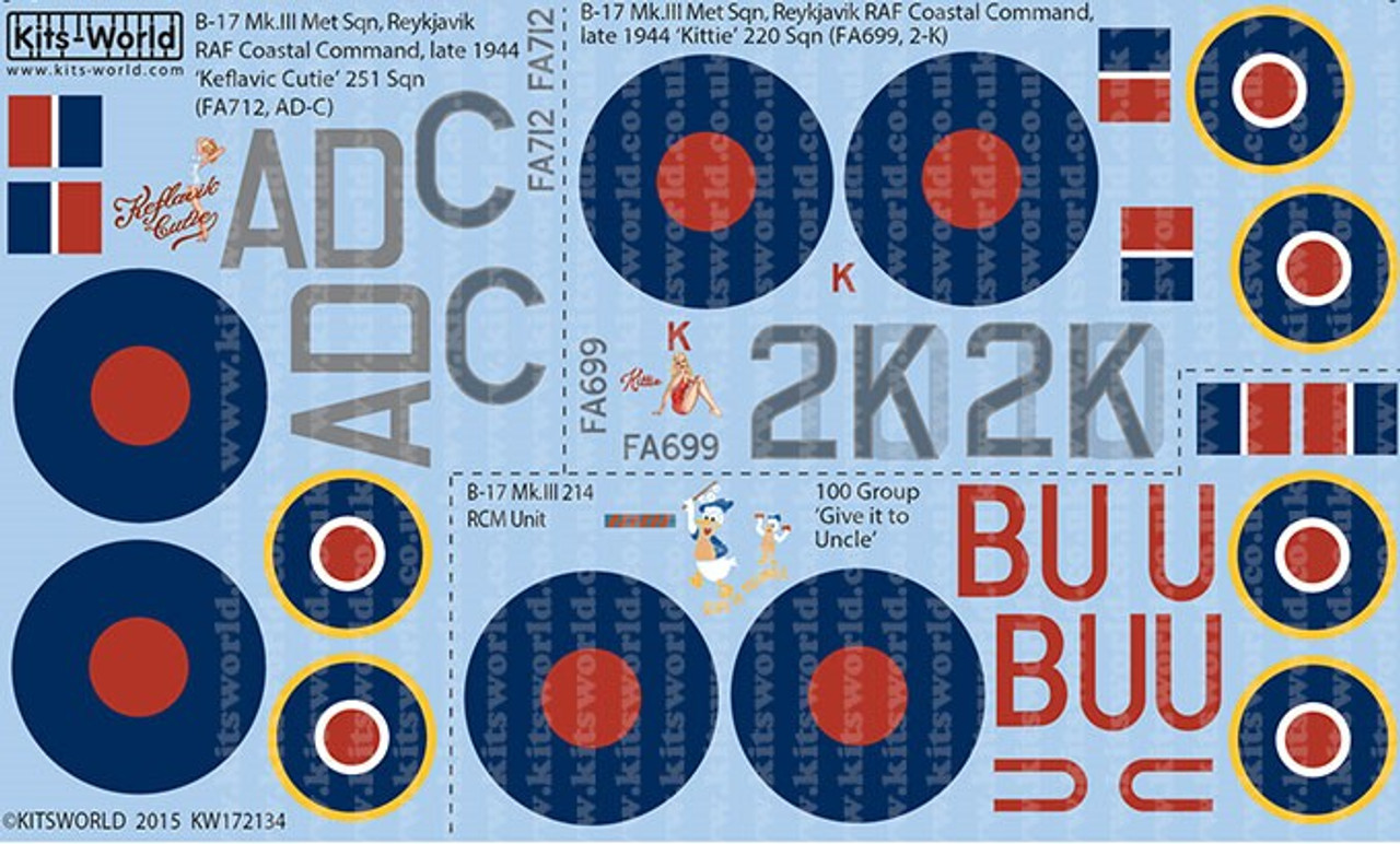 B17 Mk III Kittie, Keflavic Cutie, Give it to Uncle 1/72 Kitsworld Decals