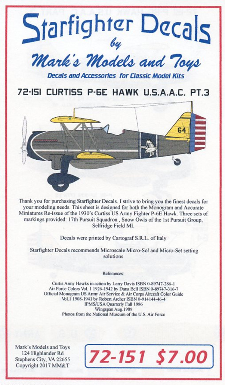 Curtiss P-6E Hawk USAAC Part 3 for RMX, ATE & Olimp 1/72 Starfighter Decals