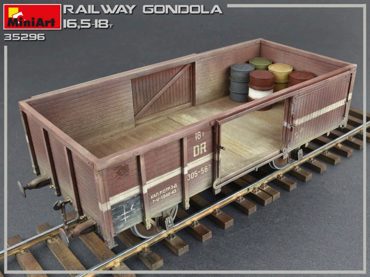 1/35 Miniart WWII 16.5 18-Ton Railway Gondola w/Figures (5) & Fuel Drums  (8) 