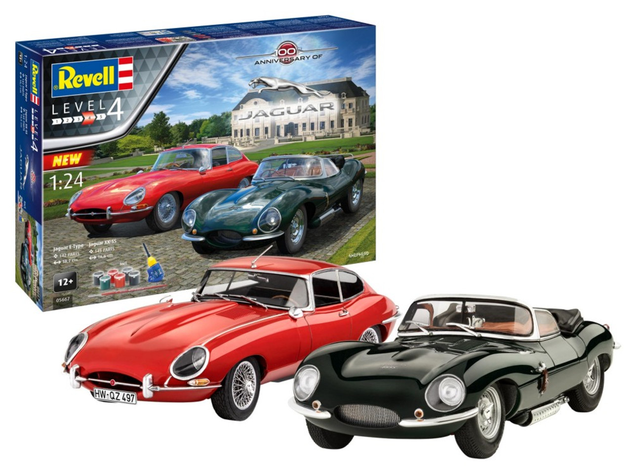 Jaguar XK-SS & E-Type Sports Cars 100th Anniversary Gift Set w/paint & glue  1/25 Revell Germany