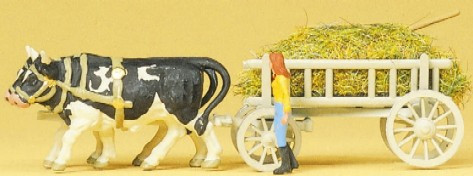Cow Drawn Hay Wagon w/Woman Walking HO Preiser Models