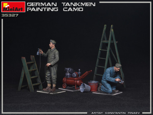 Camo Painting WWII German Tankmen (2) w/Compressor, Paint Gun, Ladders, Buckets 1/35 Miniart