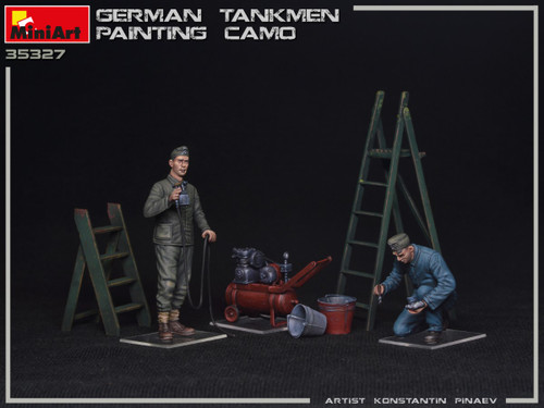 Camo Painting WWII German Tankmen (2) w/Compressor, Paint Gun, Ladders, Buckets 1/35 Miniart
