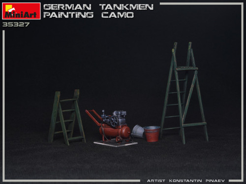 Camo Painting WWII German Tankmen (2) w/Compressor, Paint Gun, Ladders, Buckets 1/35 Miniart