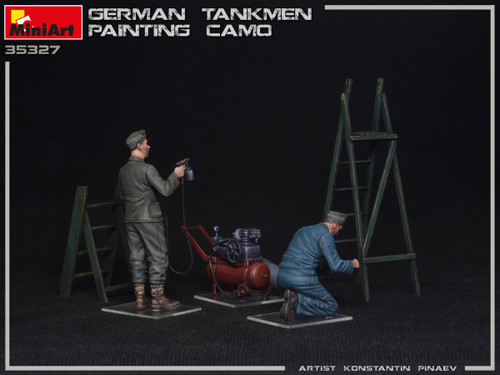 Camo Painting WWII German Tankmen (2) w/Compressor, Paint Gun, Ladders, Buckets 1/35 Miniart