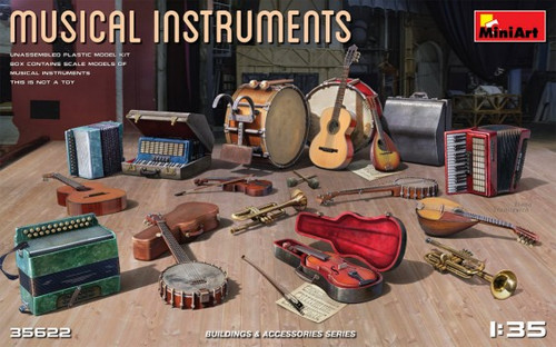 Musical Instruments: drums, guitars, trumpets, banjos, violins, accordions (16 total) 1/35 Miniart