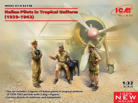 Italian Pilots in Tropical Uniform 1939-1943 (3) w/2 Dogs 1/32 ICM Models