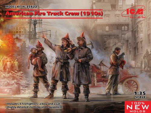 American Fire Truck Crew (4) w/Boy & Cat 1910s 1/35 ICM Models