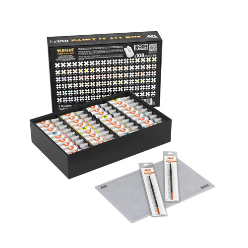 Wargame: Paint It All Box 3G Acrylic Set (72 Colors) 18ml Bottles w/Brushes & Mat AK Interactive