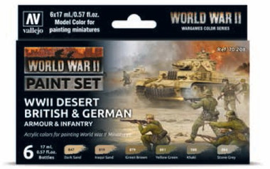 Desert British & German Armour & Infantry WWII Wargames Paint Set (6 17mL  Colors) Vallejo Paint