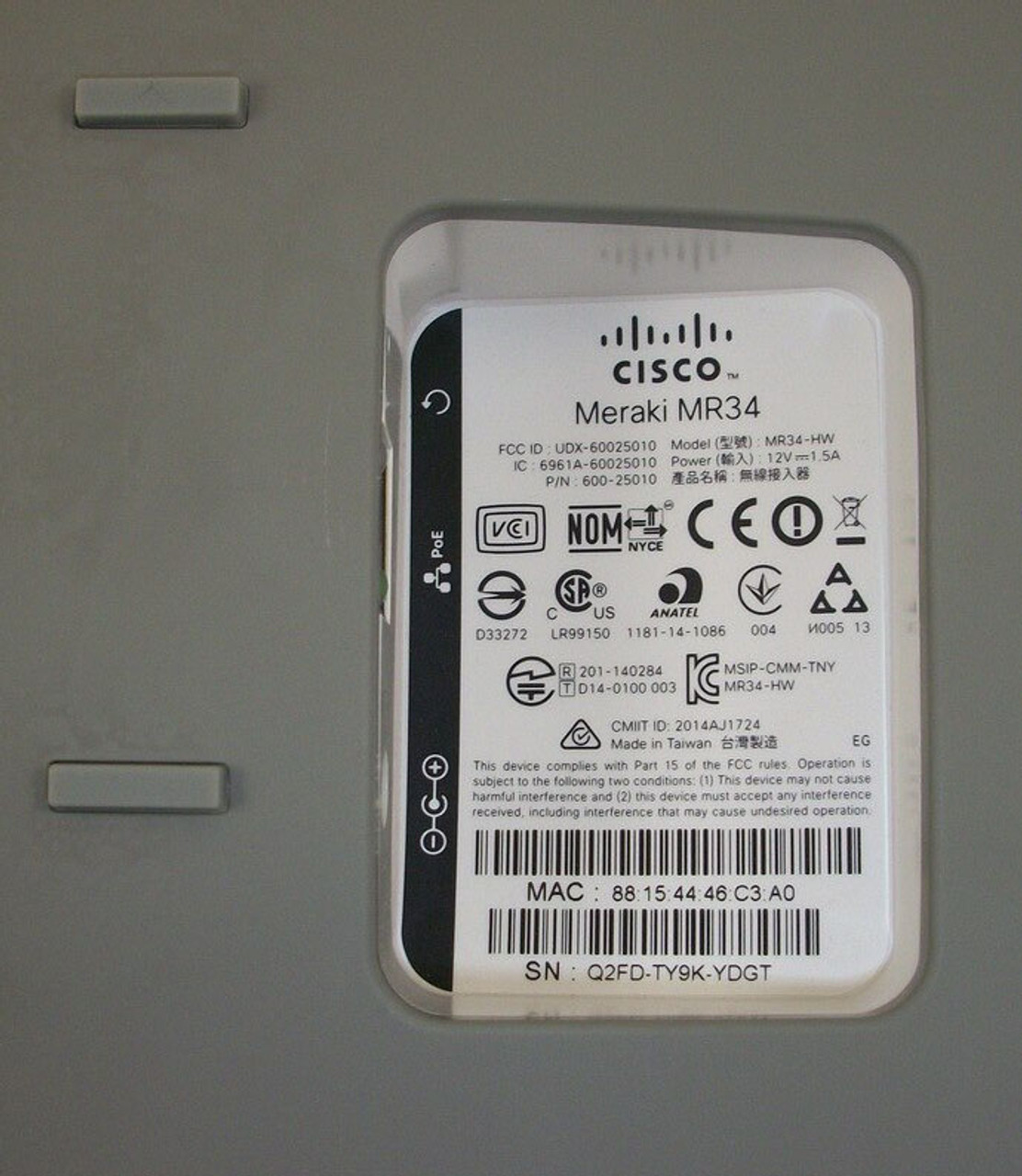 Cisco Meraki MR34 Cloud Managed 802.11ac AP Unclaimed MR34-HW 600-25010