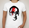White Sad Larry Shirt on small model.