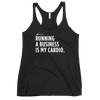 Black slogan tank top with text "Running a business is my cardio" front view laying flat.