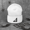 White B Mark Logo Beanie, front view laying flat.