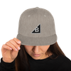 Heather Gray B Mark Hat front view, on a model.