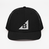 B Mark Trucker Hat left front view on a model.
