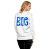 Think Big white unisex sweatshirt back view, on a small model.