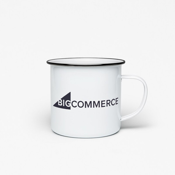 BigCommerce enamel mug showing front logo.