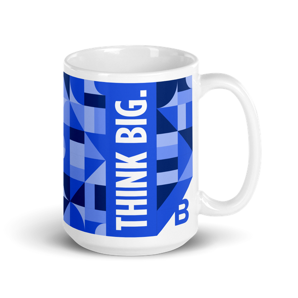 Think Big slogan mug with handle pointing right.