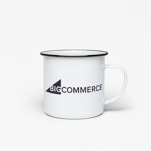 BigCommerce enamel mug showing front logo.
