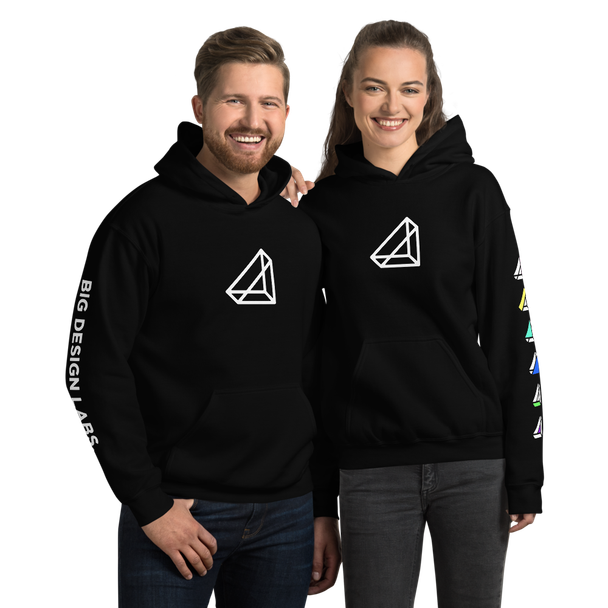 BigDesign Labs Hoodie front view, on a small model.