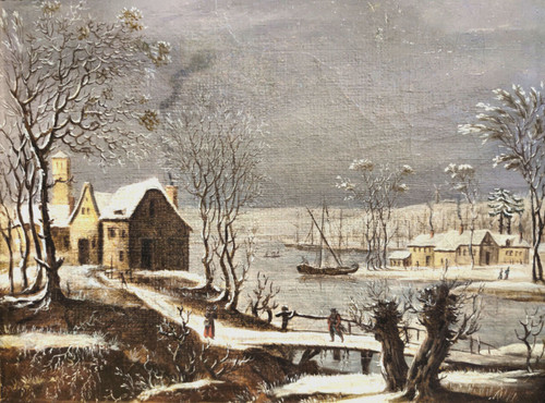 Jules Cesar Denis van Loo
Paesaggio fluviale con case e viandanti, olio su tela cm 21,5 x 27, con cornice cm 31,5 x 37,5