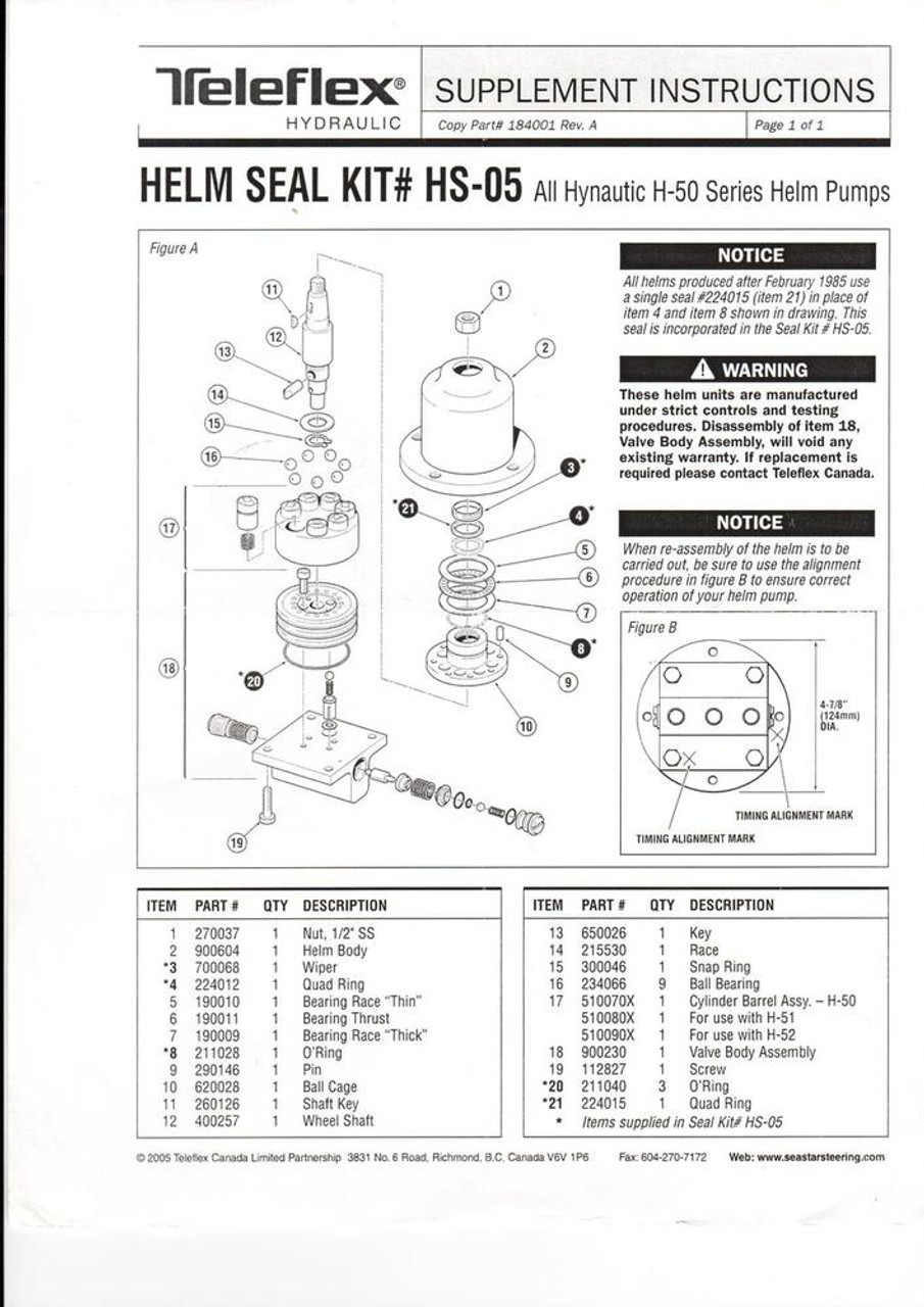 Hynautic HS-05 Helm Seal Kit for H-50 Series Pumps