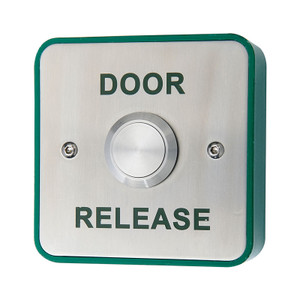 Exit button with green Door Release legend, stainless steel fascia, green surface back box