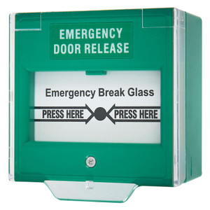 Green Break Glass White Emergency Door Release Legend
