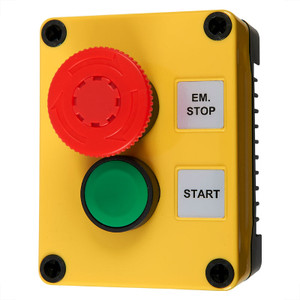 E-stop twist to release and green start, yellow cover, grey base.