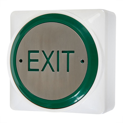 Large White Exit Button, Green Rim, Stainless Steel Button